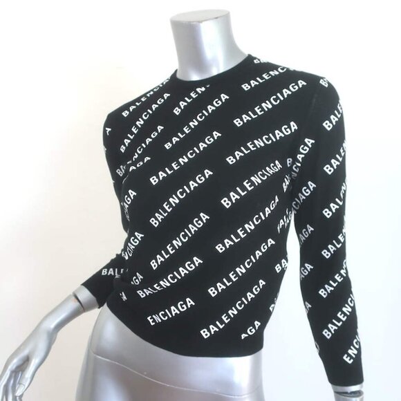 Balenciaga Mini Logo Cropped Sweater Black Cotton Size Small NEW - Picture 2 of 10